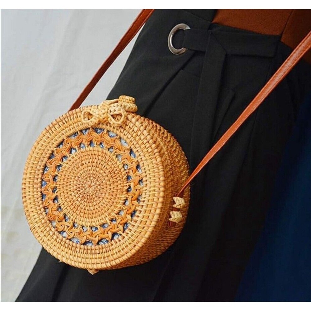 Made In India Handmade Bohemian Straw Round Rattan Bag Woven Wicker Summer Beach